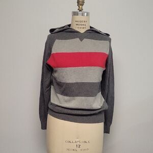 Carbon Gray and Red Striped Hoodie Sweater, 100% Cotton. Size S